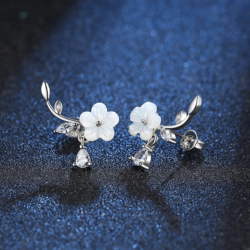 Crystal Leaf Shell Flower Stud Earrings Sterling Silver