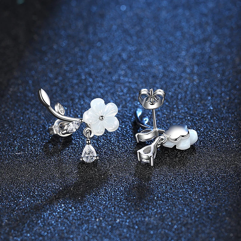 Crystal Leaf Shell Flower Stud Earrings Sterling Silver