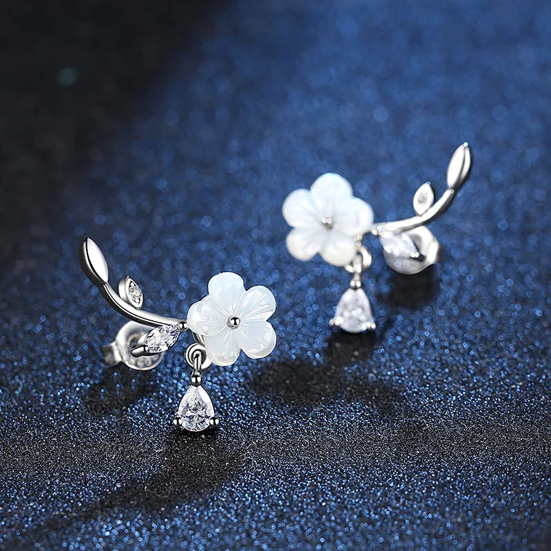 Crystal Leaf Shell Flower Stud Earrings Sterling Silver