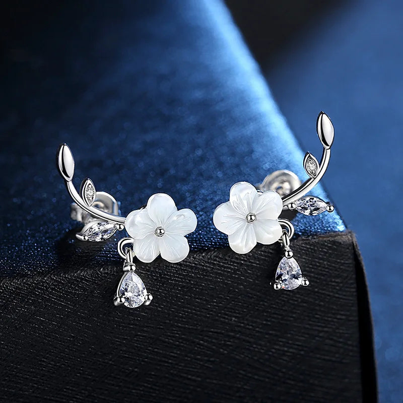 Crystal Leaf Shell Flower Stud Earrings Sterling Silver