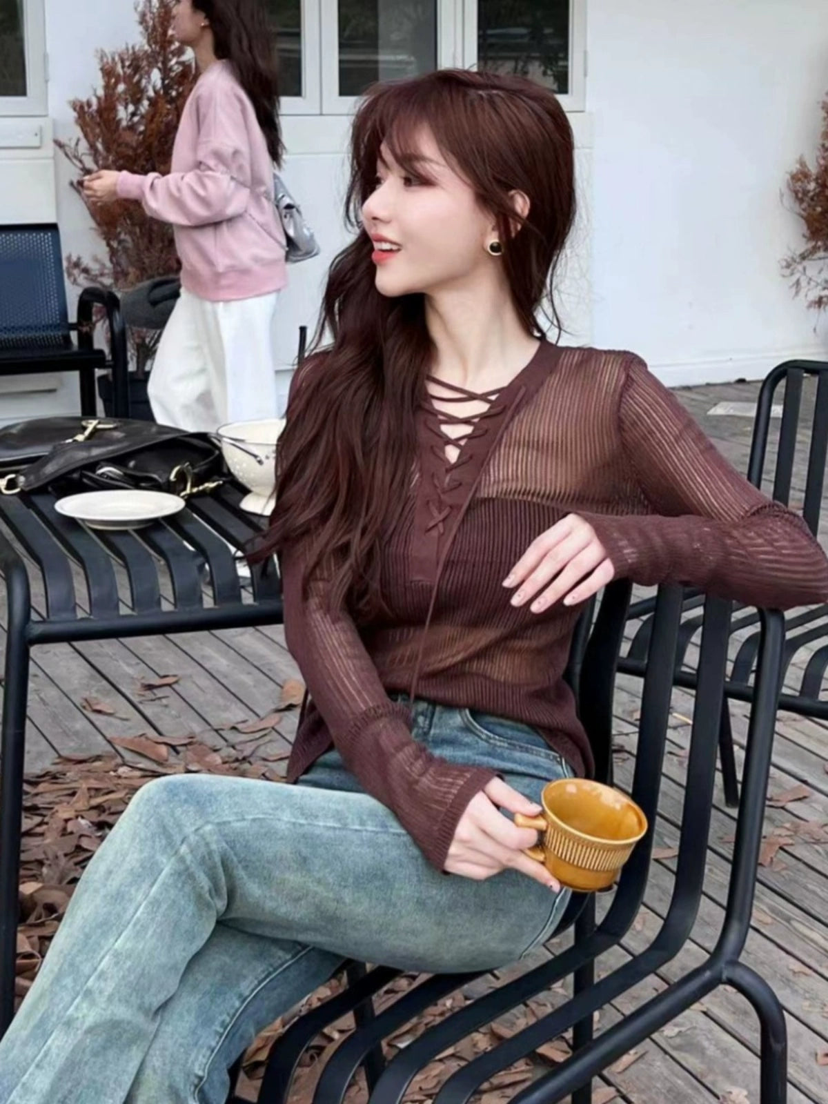 Kaka Official Flagship Authentic Rich Black Openwork Knitted Top