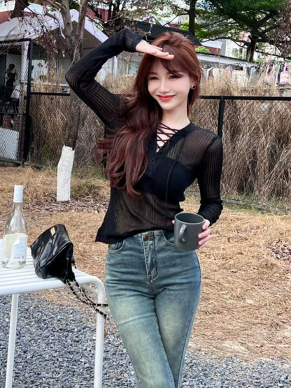 Kaka Official Flagship Authentic Rich Black Openwork Knitted Top