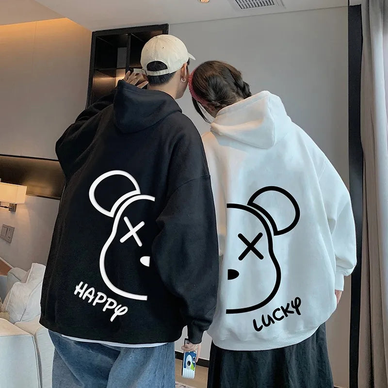 Bear Puzzle Graphic Loose Couple Hoodies Cotton