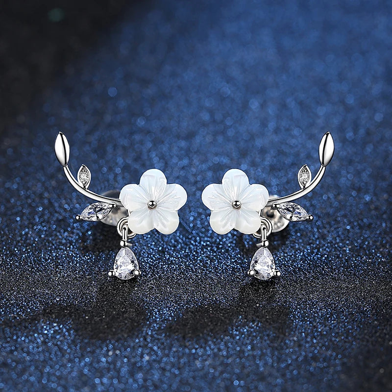 Crystal Leaf Shell Flower Stud Earrings Sterling Silver