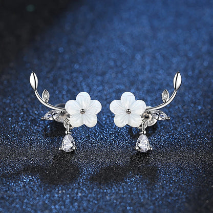 Crystal Leaf Shell Flower Stud Earrings Sterling Silver