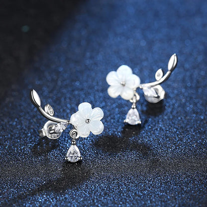 Crystal Leaf Shell Flower Stud Earrings Sterling Silver