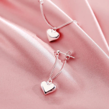 Romantic Heart Pendant Tassels Dangle Earrings Sterling Silver