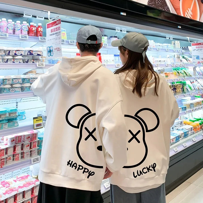 Bear Puzzle Graphic Loose Couple Hoodies Cotton