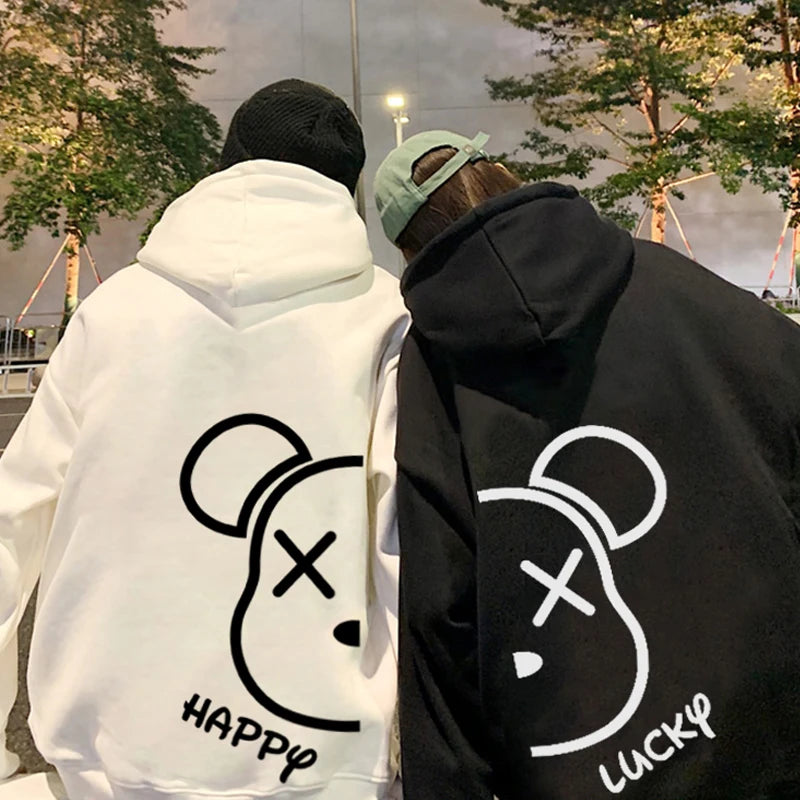 Bear Puzzle Graphic Loose Couple Hoodies Cotton