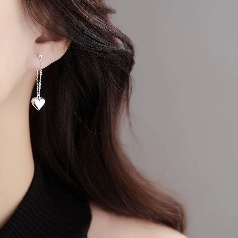 Romantic Heart Pendant Tassels Dangle Earrings Sterling Silver