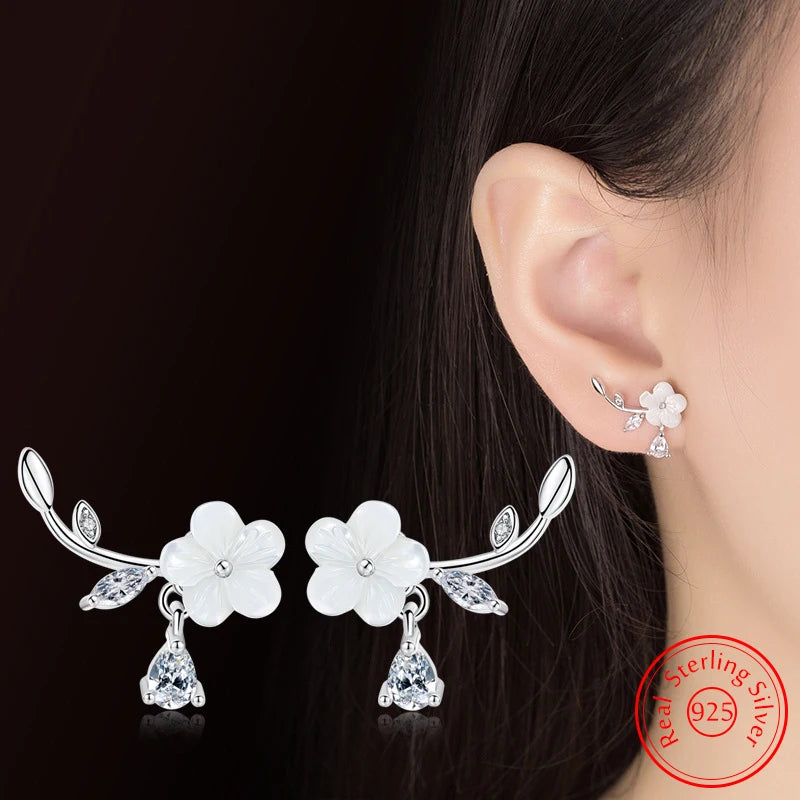 Crystal Leaf Shell Flower Stud Earrings Sterling Silver